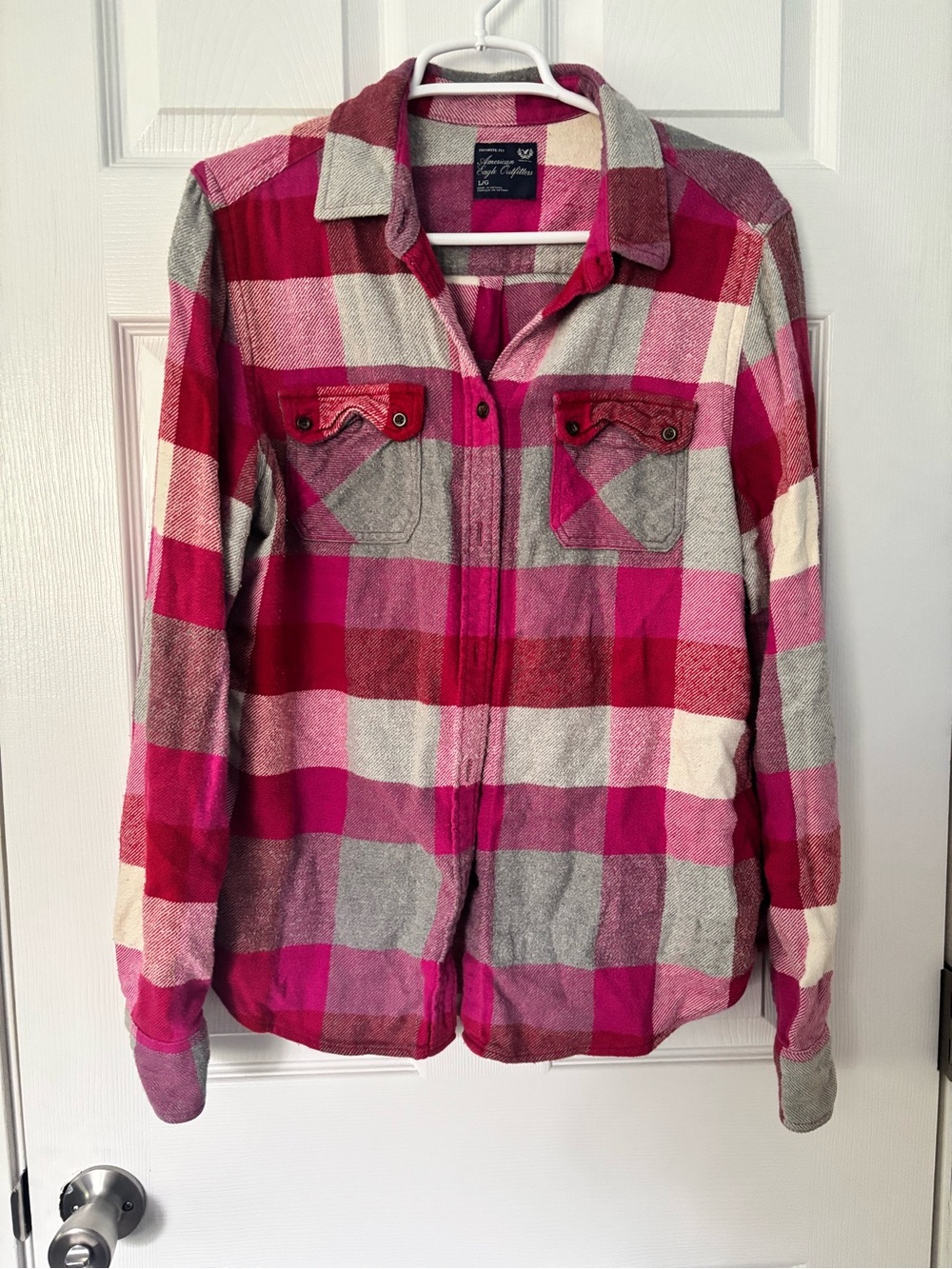 American Eagle Outfitters Pink and Gray Plaid Shirt Jacket